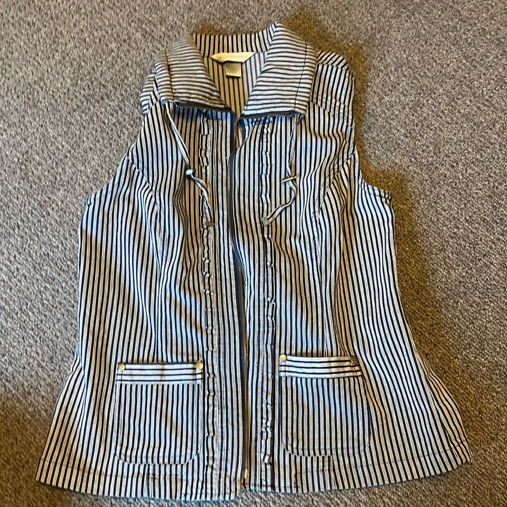 CHRISTOPHER & Banks DENIM Vest JEAN s ruffled zipper pinstriped railroad blue